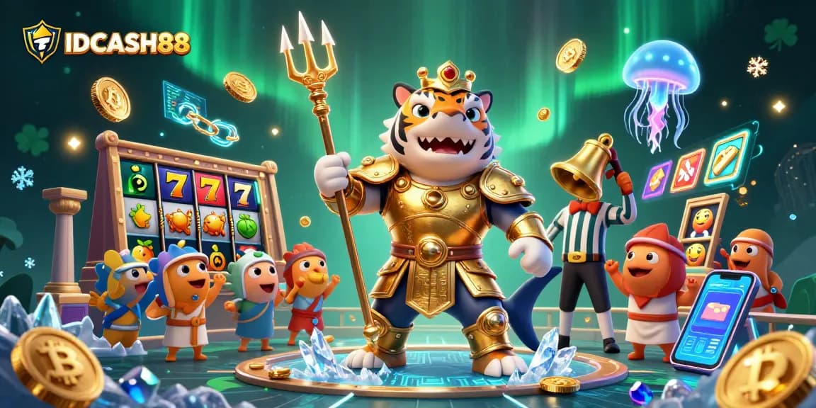 IDCASH88 showcases a vibrant underwater casino scene with a golden tiger shark and slot machines