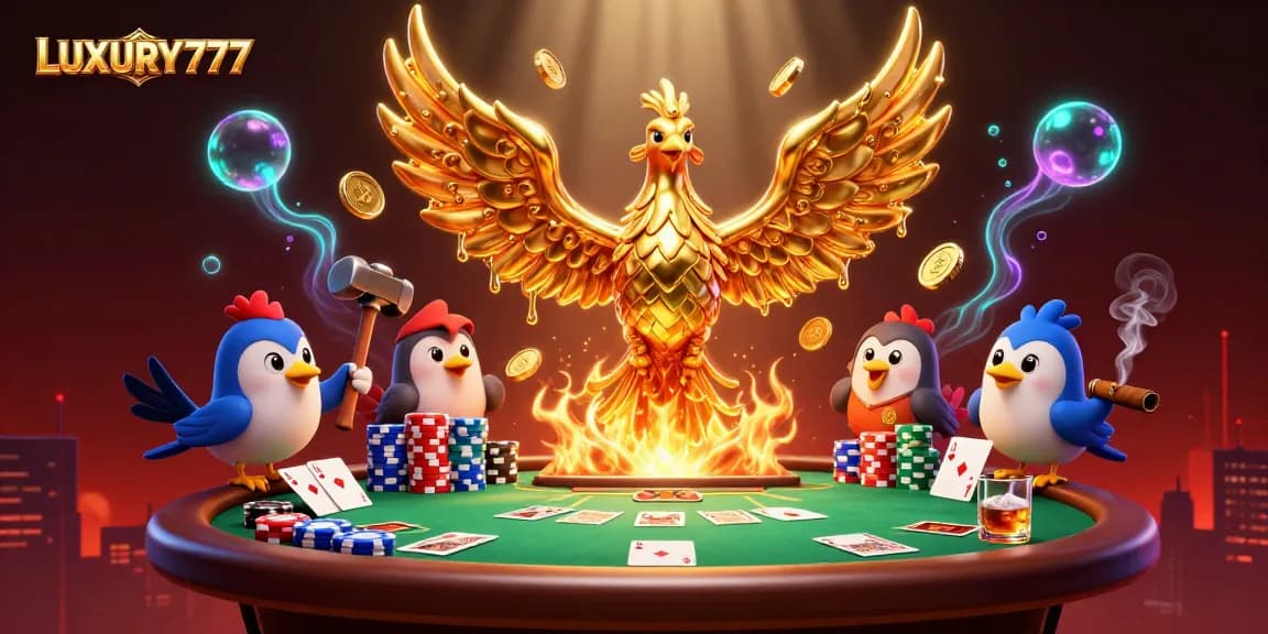 Gamer LUXURY777 meraih jackpot saat permainan kartu, dikelilingi chip poker berwarna-warni.