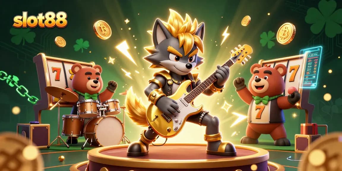 Experience thrilling gameplay at slot88 with our vibrant 3D illustration of a wolf rock star and jackpot symbols.