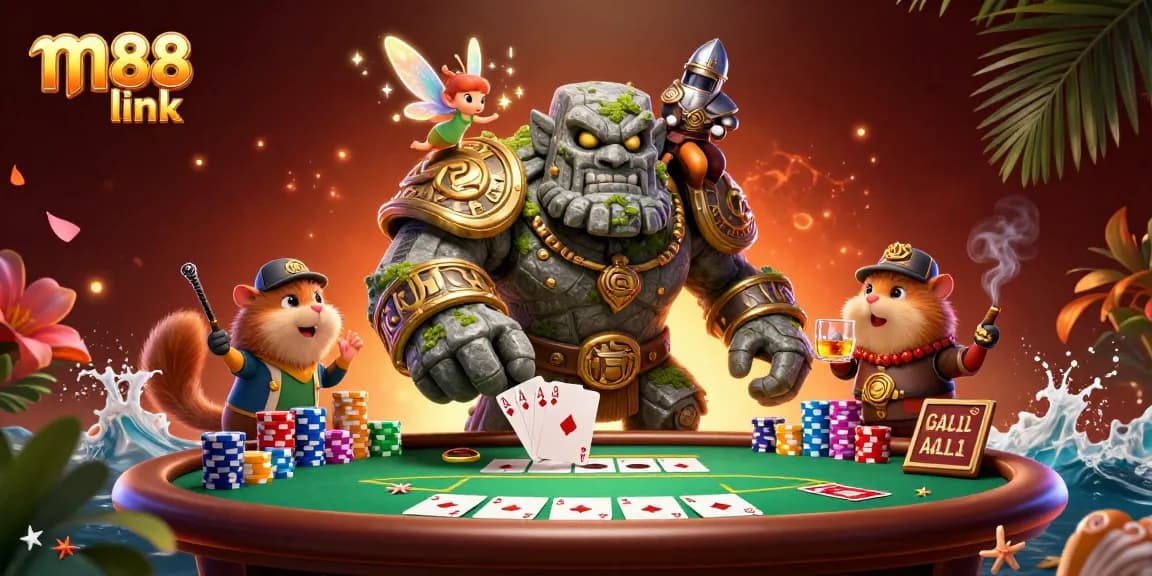 Memenangkan permainan di M88 link dengan poker cip berwarna-warni dan suasana kasino yang menarik.