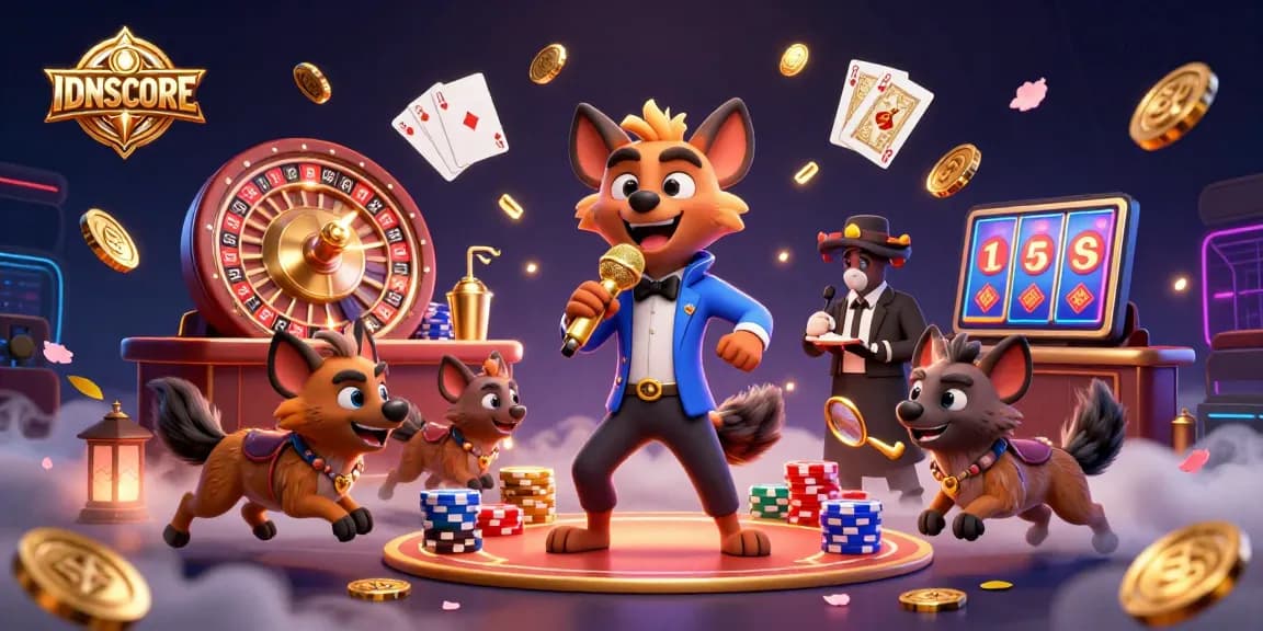 Experience engaging casino fun at IDNSCORE with hyenas, gold coins, and classic game elements.