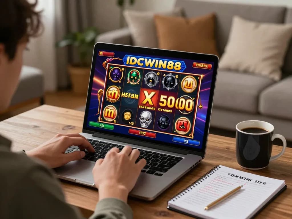 IDCWIN88 player spinning reels on laptop while enjoying a cozy gaming atmosphere at home