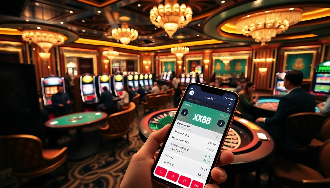 Excited players engaging at XX88's luxurious casino tables in a glamorous setting.