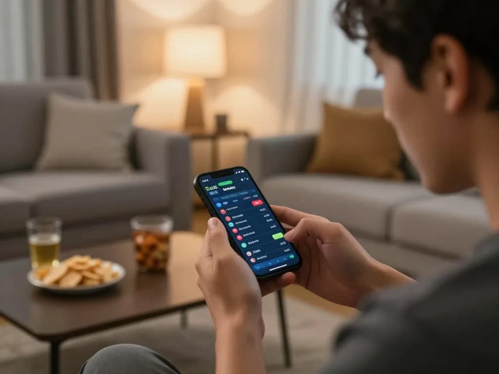 Engaging moment of sports betting with jangkar55 app on a smartphone in a cozy living room.