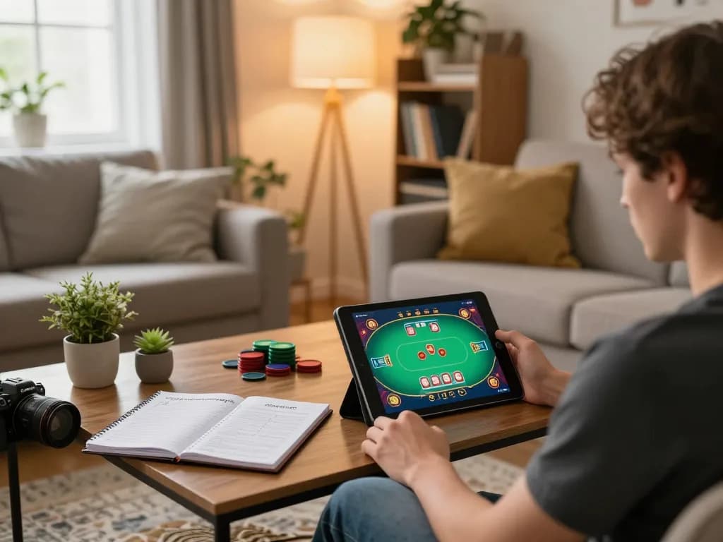 Player engaged in online casino gaming at home using UGDEWA on a tablet, showcasing a cozy setup.