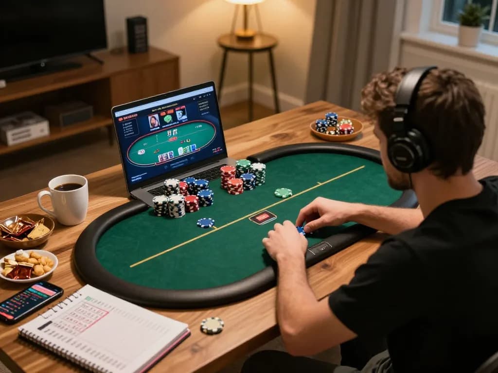 Player analyzing poker hands and strategies while gaming online at LC88.