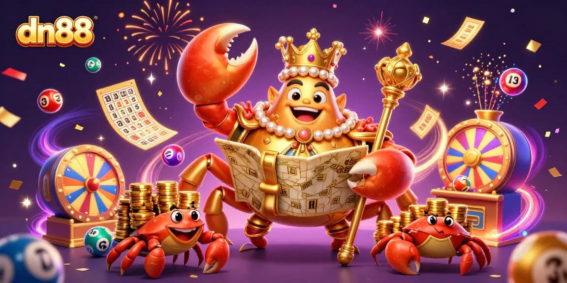 Experience gaming excitement with dn88 featuring a golden crab emperor amidst vibrant casino elements.