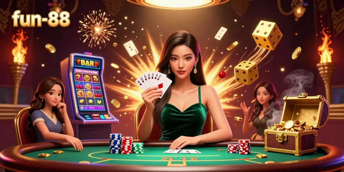 Play poker at fun-88 with a skilled dealer, vibrant slot machine action, and jackpot excitement.