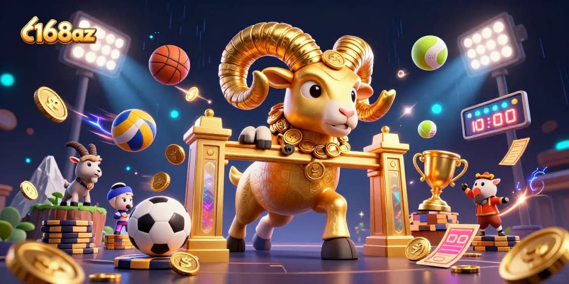 Experience thrilling gameplay at c168az with our exciting golden ram and sports-themed casino illustration.
