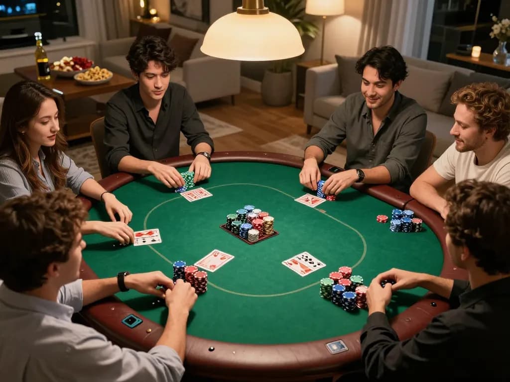 Engage in a fun poker game with friends while managing your login sepuhplay experience at home, showcasing chips and cards.