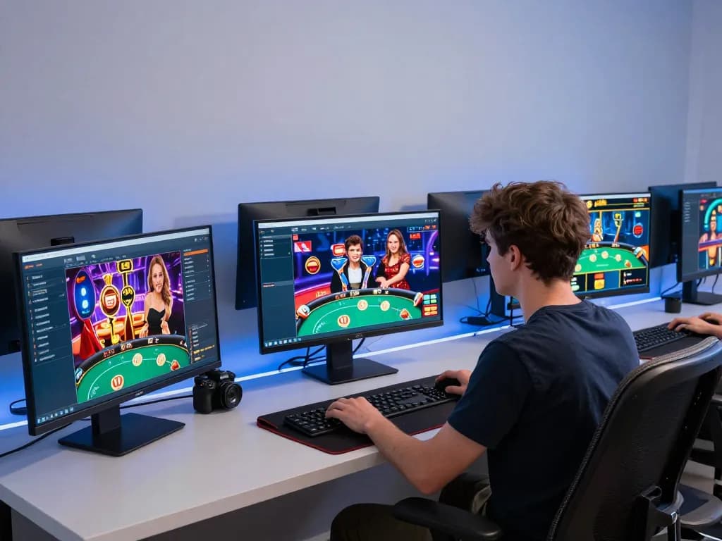 Pengalaman bermain yang menarik dengan kasino online OKESLOT ditampilkan di beberapa layar yang menunjukkan poker dan slot