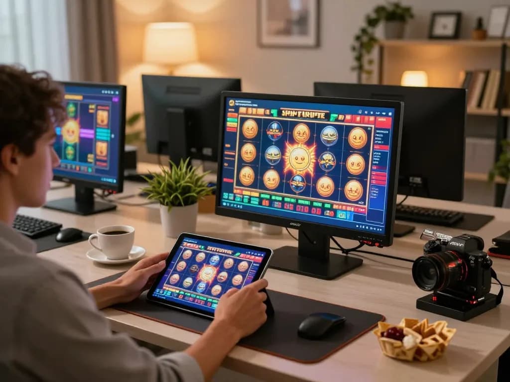 Engaged player using tablet for slot thailand gaming, showcasing vibrant online slot interface and interactive atmosphere