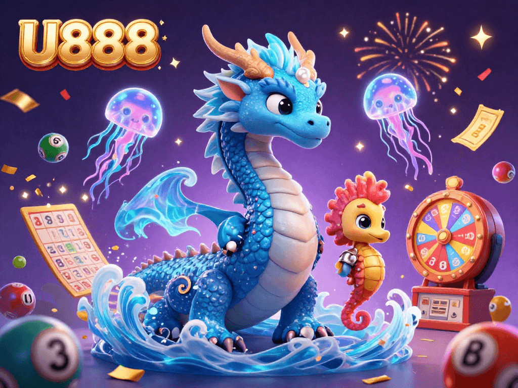 U888 lottery celebration scene with a dragon, seahorse knight, and vibrant game elements