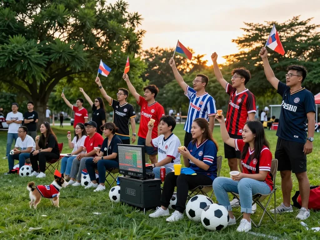 Fans enjoying a football match outdoors while streaming on luongson tv, illustrating community excitement and passion.
