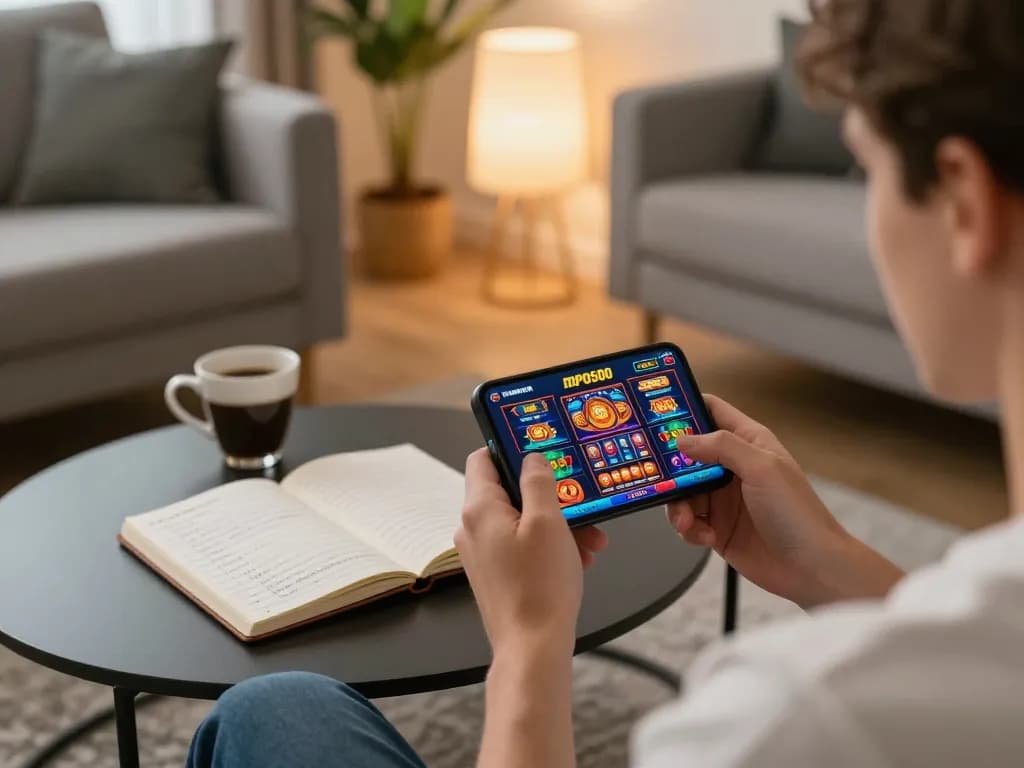 Player engaging with mpo500 on their smartphone in a cozy home setting for online gambling.