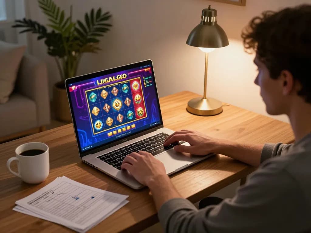 LIGALGO online gaming setup with a player enjoying slot games on a laptop in a cozy home environment