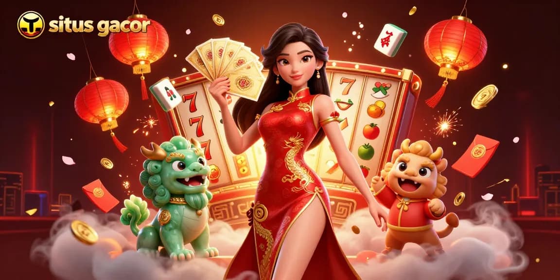 Engage with situs gacor through a vibrant casino scene featuring a woman in qipao and dynamic game elements.