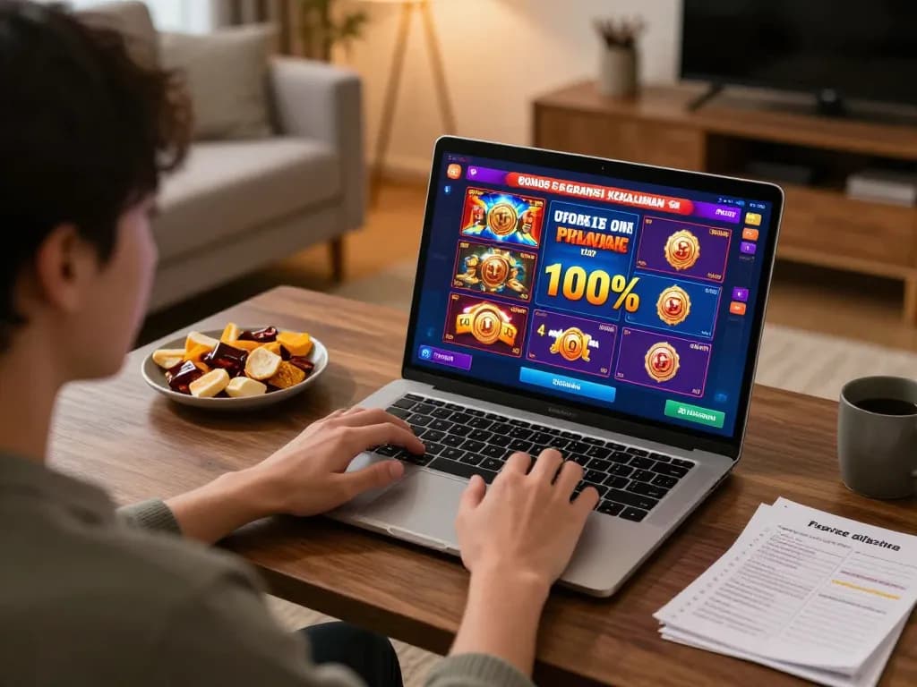 Engaging in online casino gaming with Bonus garansi kekalahan 100% on screen, showcasing vibrant slot graphics in a cozy home setting
