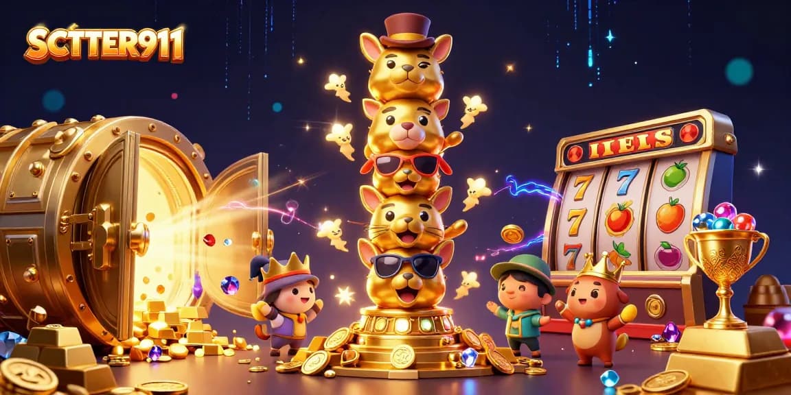 Spin the reels with SCATTER911's vibrant casino-themed illustration featuring dazzling gold and gems.