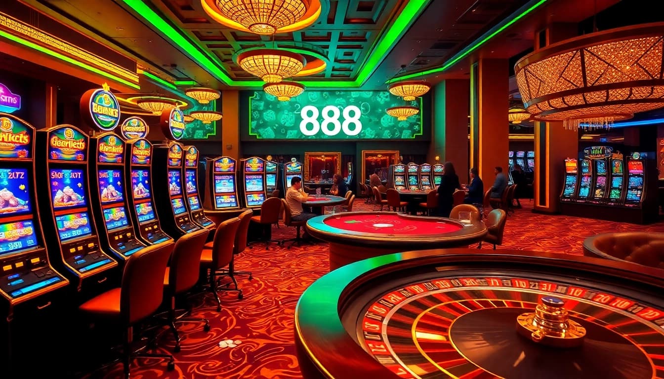 Berlian 888 casino scene with slot machines, poker tables, and vibrant lights showcasing excitement and luxury.
