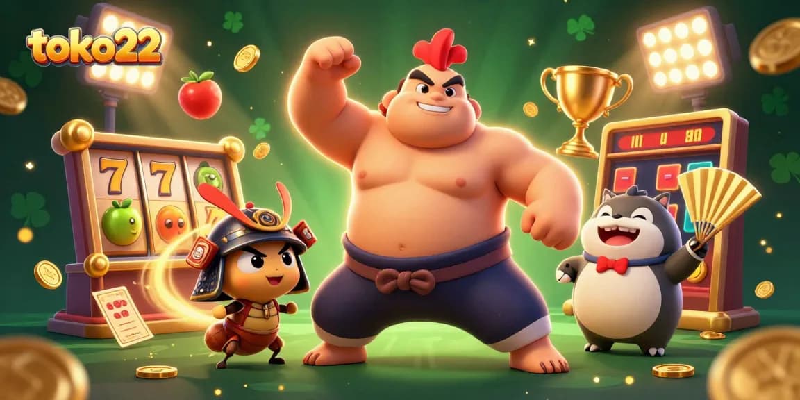 Win big with engaging slot games at toko22 featuring a sumo rooster, samurai cricket, and tanuki announcer.