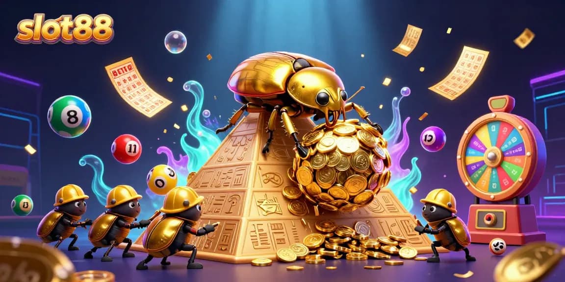 Experience the thrill of slot88 as golden beetles navigate a coin pyramid amidst vibrant lottery elements.