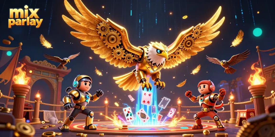 Taruhan mix parlay yang menarik dengan elang cybernetic dan kartu holografis di arena bertarung.