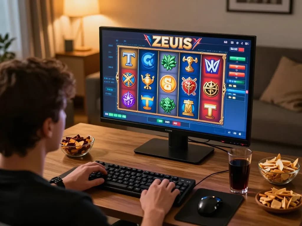 Engaging in zeus slot gameplay at home, vibrant interface displayed on tablet.