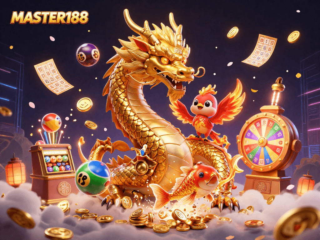 Engage with the thrilling world of MASTER188 through a vibrant casino-inspired illustration featuring a Chinese dragon and lucky symbols.