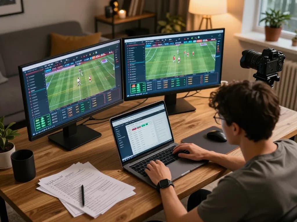 VA88 sports betting setup with live odds analysis on multiple screens.