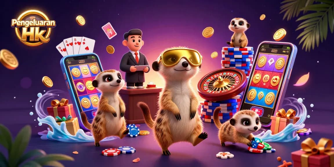 Engage in Pengeluaran Hk illustrations with meerkats managing a vibrant casino scene.