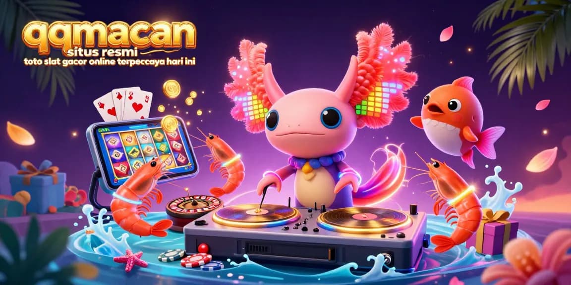 Engage in thrilling play with qqmacan situs resmi toto slot gacor online terpercaya hari ini, showcasing a vibrant casino scene with colorful slot games and lively characters.