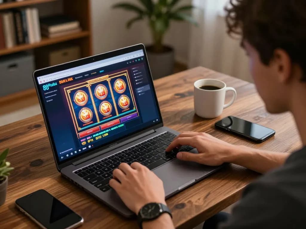 Engaging gameplay on 88Pulsa Link with a vibrant online casino interface and cozy home setup.