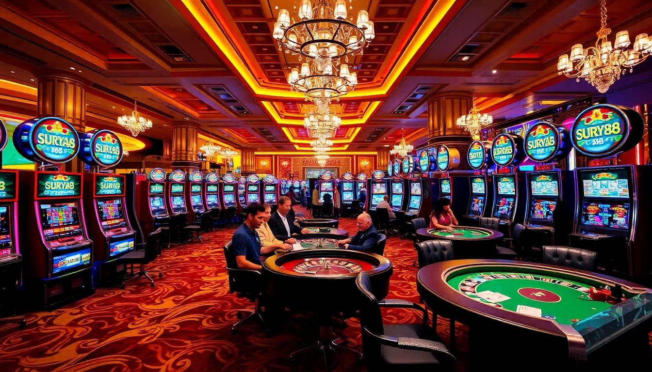 SURYA 88 gaming scene showcasing vibrant slot machines and engaging players at roulette and poker tables.