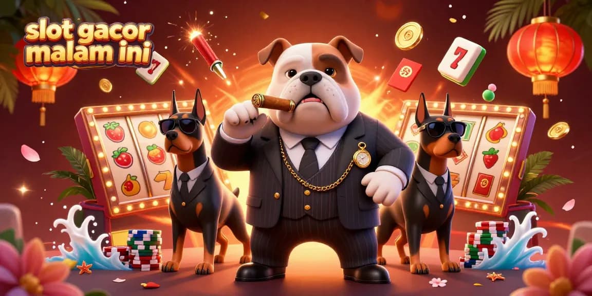 Play exciting slot gacor malam ini with a vibrant 3D casino illustration featuring classic mafia characters and game elements.