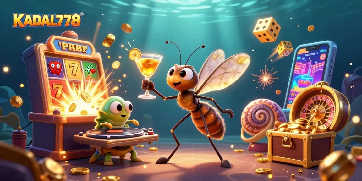 KADAL778 charms players with a cartoon casino mascot amidst a vibrant slot machine explosion.