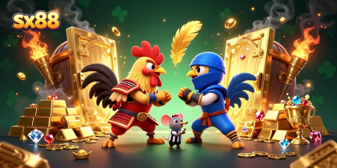 Experience thrilling gameplay at sx88 with cartoon roosters in an exciting standoff amidst golden treasures.