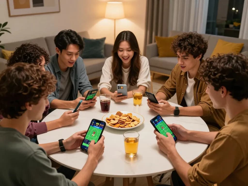 Friends enjoying online sports betting on the UU88 app in a cozy living room.