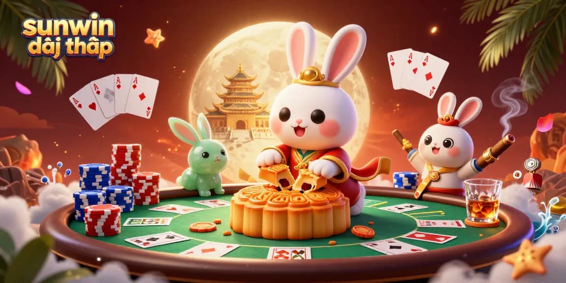 sunwin đổi thưởng presents a vibrant 3D scene of a moon rabbit revealing poker chips, showcasing exciting gambling elements.
