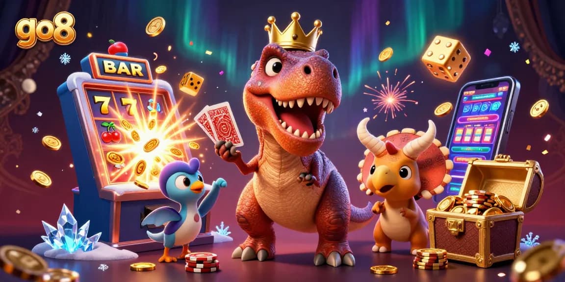 Engage in thrilling gameplay at go8 with a fun T-Rex, pterodactyl, and triceratops in a vibrant casino scene.