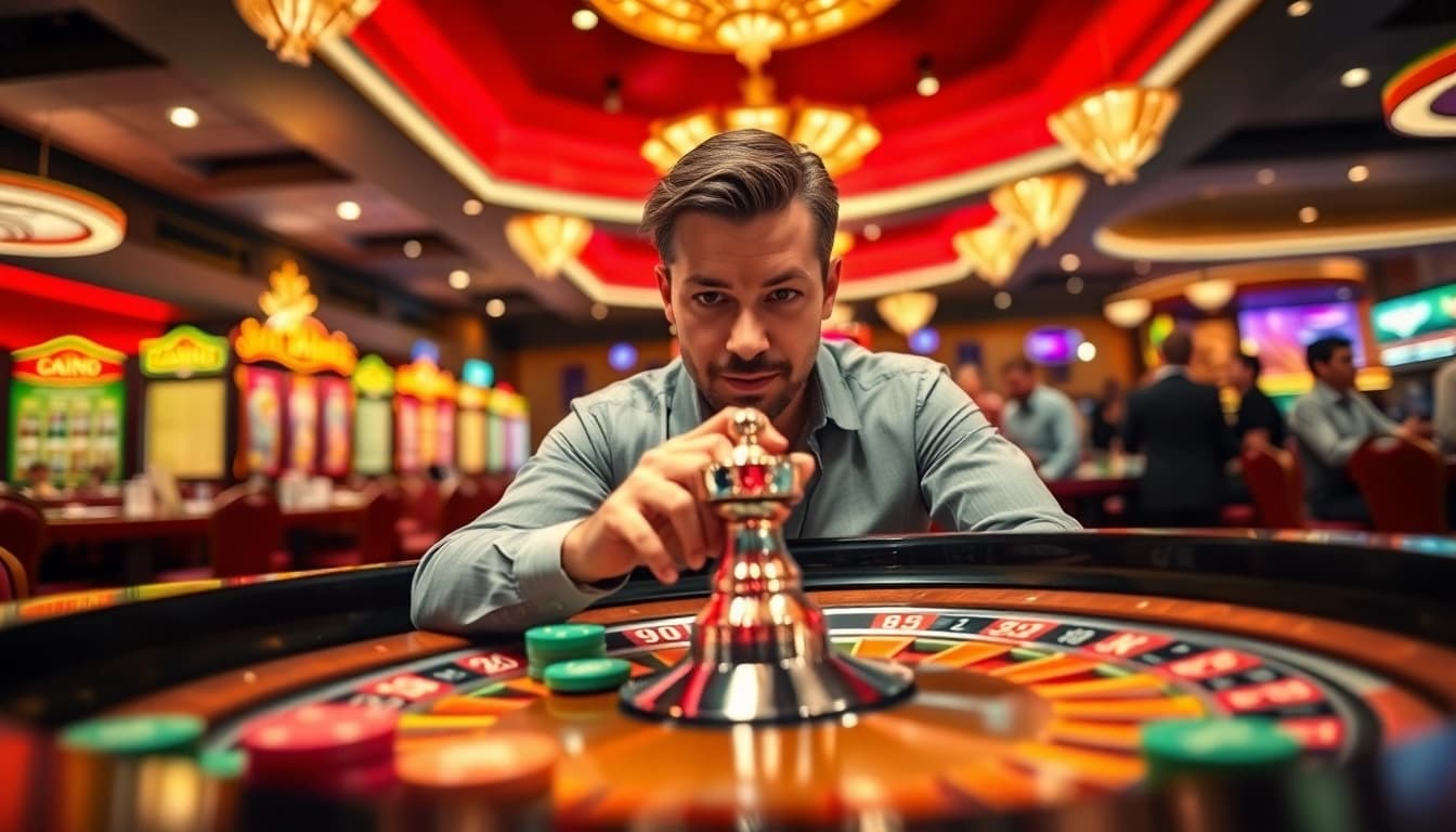 Miko69 bermain di meja roulette kasino yang meriah dengan suasana penuh warna.