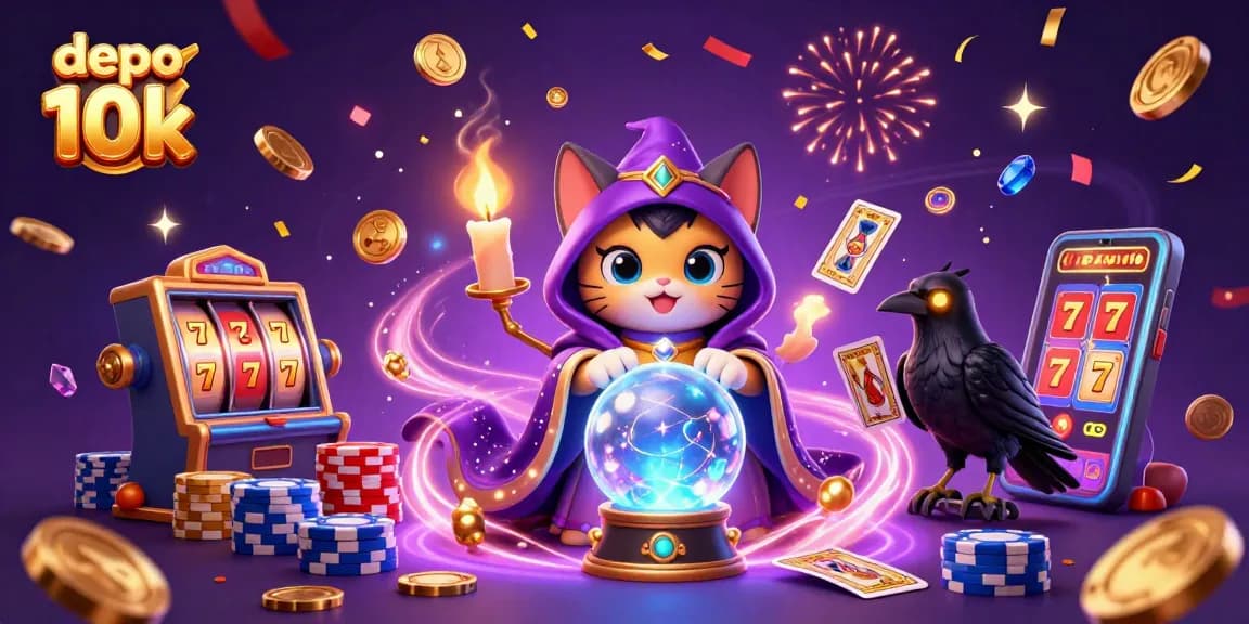 Spin to win at depo 10k with a vibrant illustration of a mystical cat and raven amid dazzling slot elements.