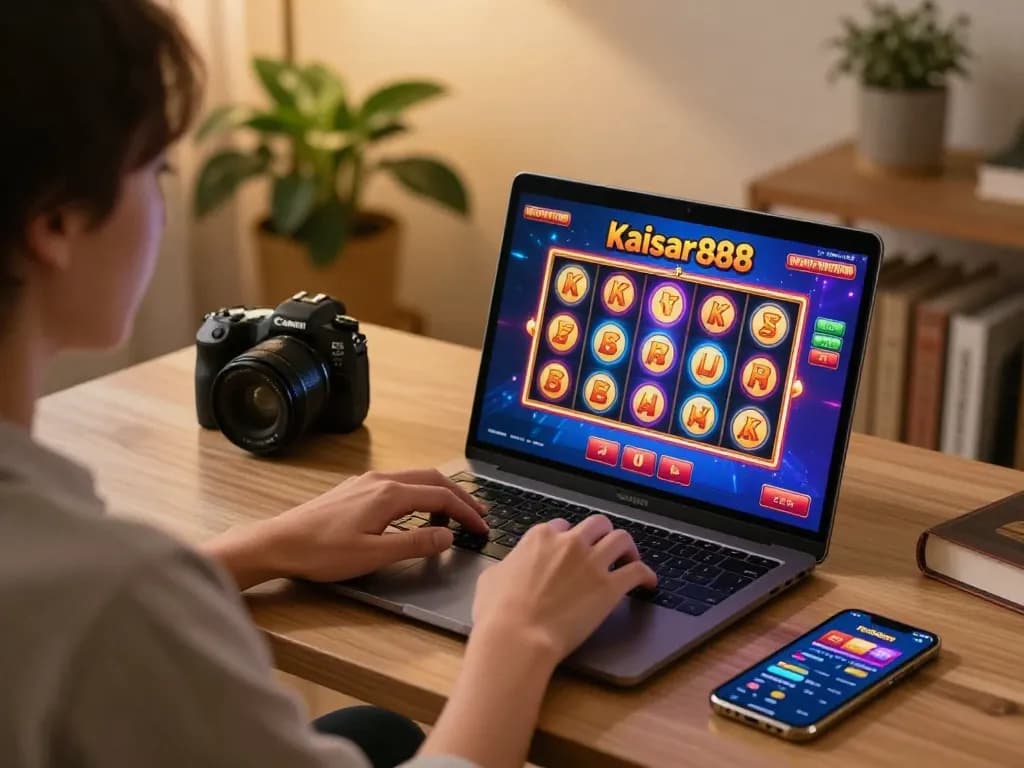 Engaged player enjoying kaisar888 slot games on a cozy home setup with vibrant screens displaying exciting reels.