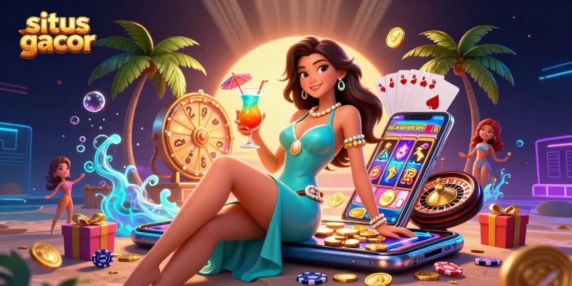 Experience the excitement of situs gacor with a stunning 3D illustration showcasing vibrant gambling elements and a glamorous character.