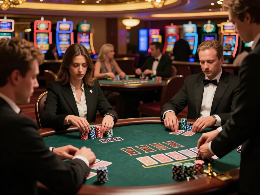 Engaged players at a 98win vin blackjack table focusing on their strategies while playing