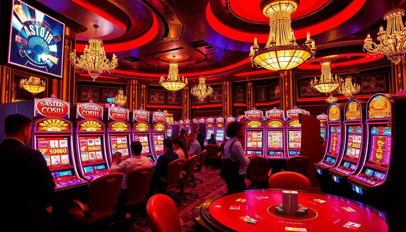 Para pemain menikmati aksi slot gacor yang intens di kasino mewah dengan mesin yang terang benderang.