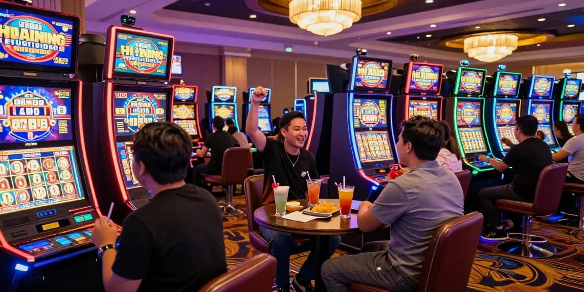 Excited players celebrating a win at a slot gacor machine in a vibrant casino.