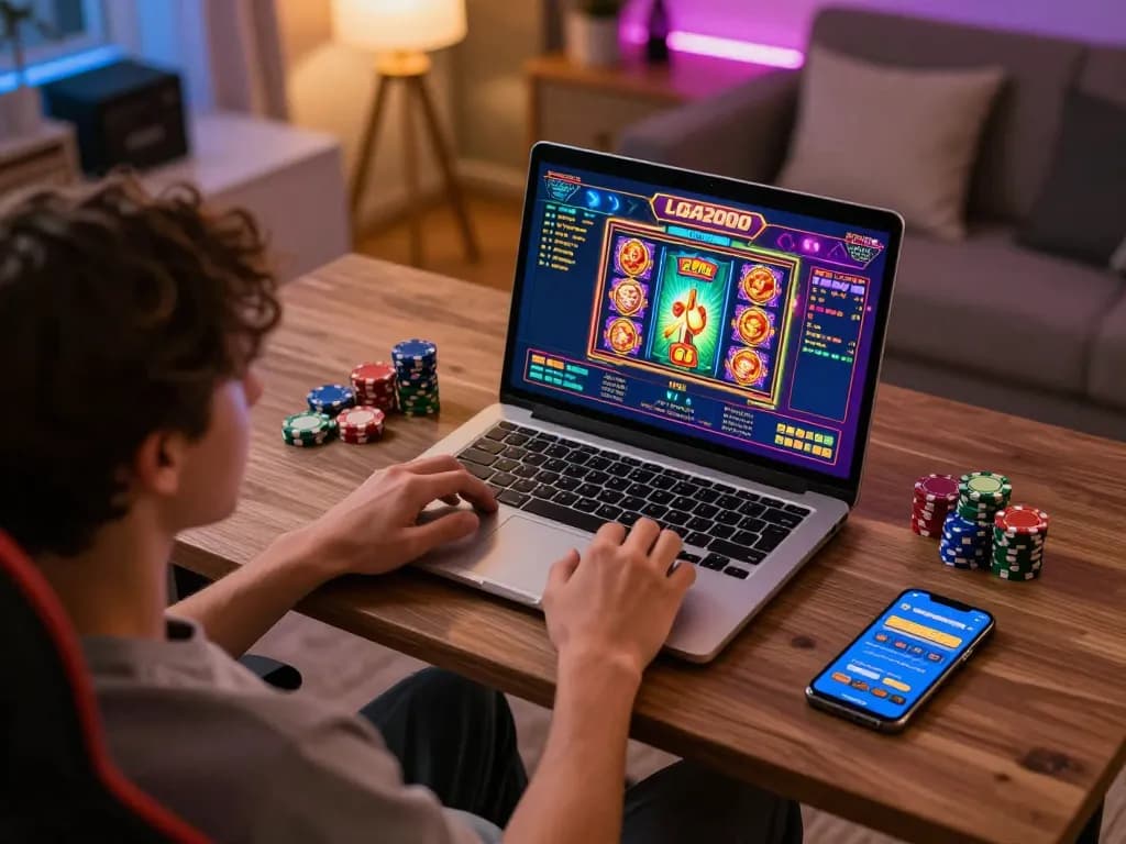 LIGA2000 gaming setup featuring a person enjoying online slots with vibrant graphics on their laptop.
