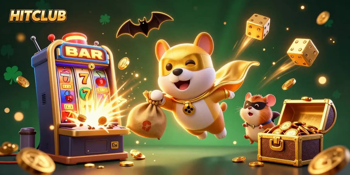 HITCLUB's superhero dog and hamster duo fly over exploding jackpots and casino games.