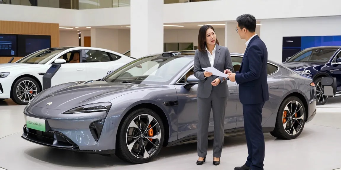 Showroom mobil mewah LUXURY 777 dengan konsultan yang menjelaskan fitur kendaraan kepada pelanggan.